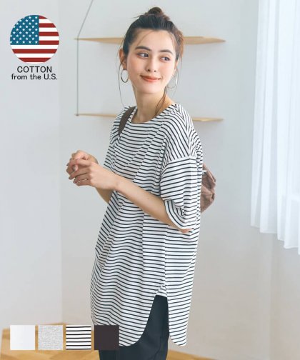 サマーセール限定★ Tシャツ レディース カットソー COTTON from the US サイドスリット ビックシルエット 半袖 5分丈 シンプル メール便可 24ss coca コカ