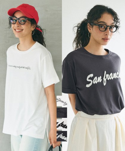 Tシャツ レディース カットソー 半袖 ロゴTシャツ 刺繍 英字ロゴ クルーネック 天竺 伸縮性 ミディアム丈 薄手 メール便可 24ss コカ